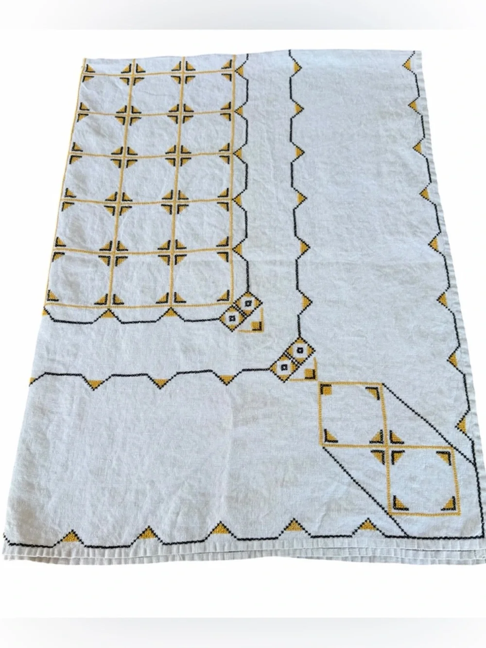 VTG Traditional Geometric Folk Cross Stitch Linen Tablecloth Black Yellow 47x64